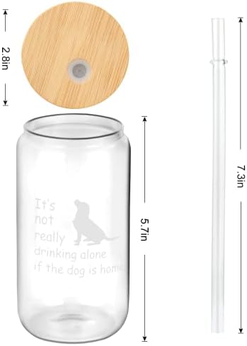 Modwnfy Dog Can Shaped Beer Glass with Bamboo Lid & Plastic Straw, It's Not Really Drinking Alone If the Dog Is Home Beer Can Glass Gift for Dog Lover Dog Owner Him Her on Birthday Christmas, 16Oz